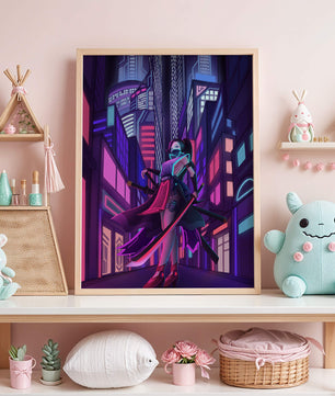 Paisaje urbano futurista de cibercpunk con una protagonista femenina y luces de neón