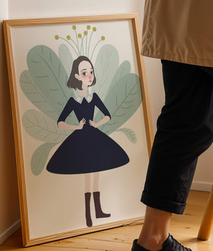 Ilustración de una chica caprichosa con hojas y elementos florales