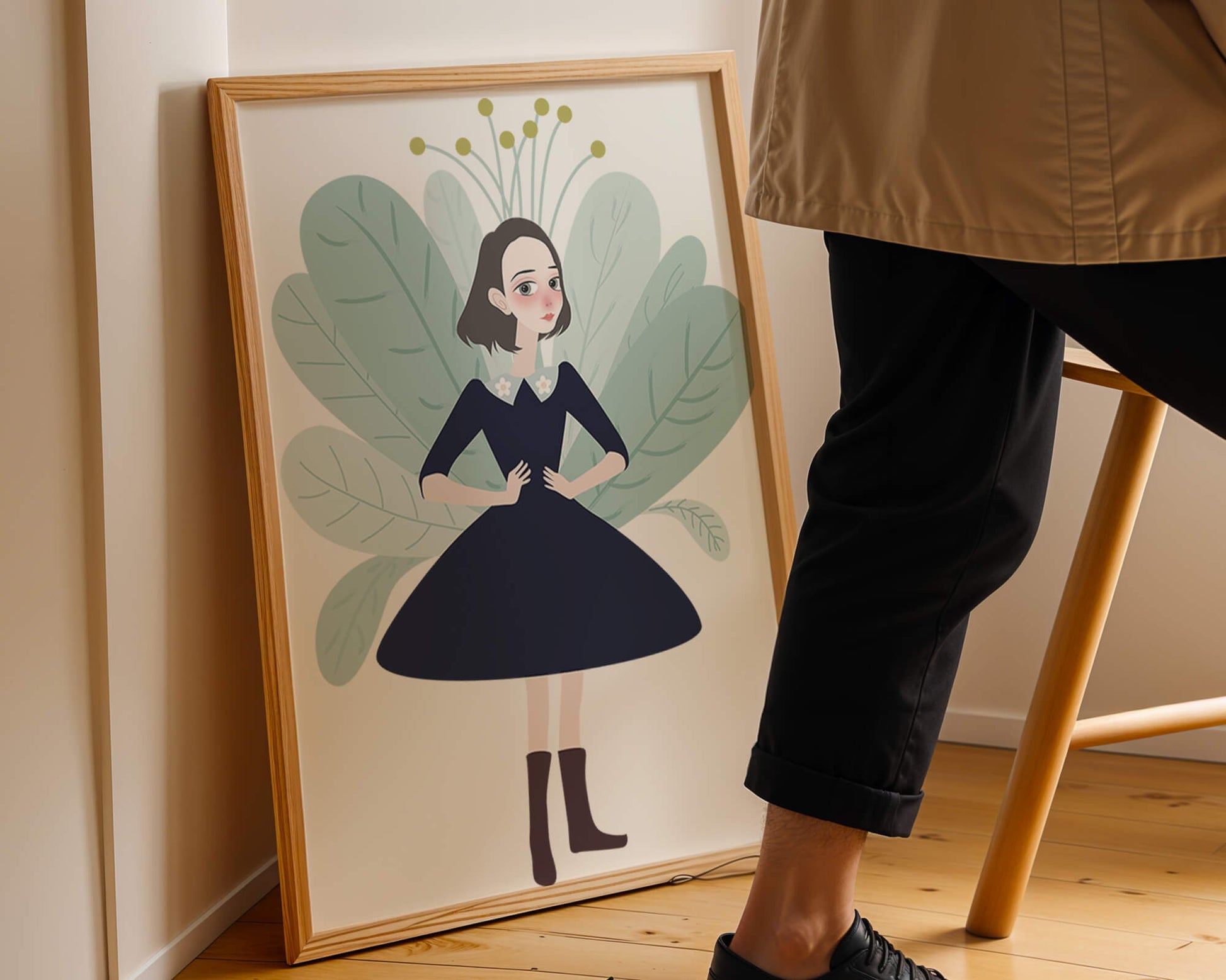 Illustration of a whimsical girl with leaves and floral elements