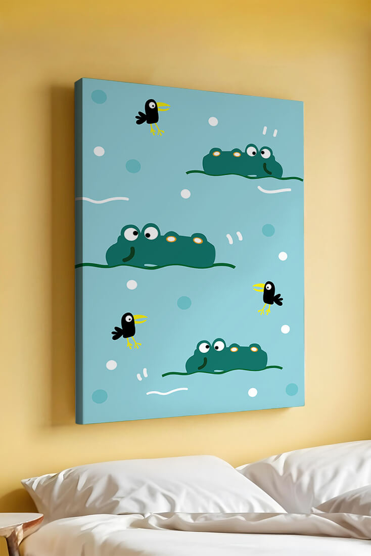 Playful cartoon crocodiles and birds on blue patterned background
