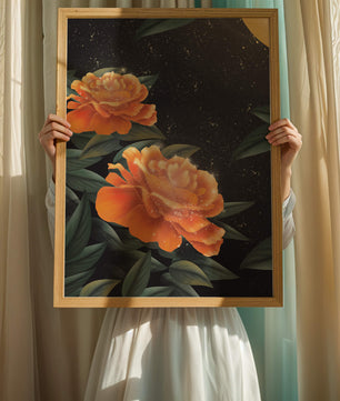 Fantasía floral elegante con flores naranjas vibrantes y un brillo dorado