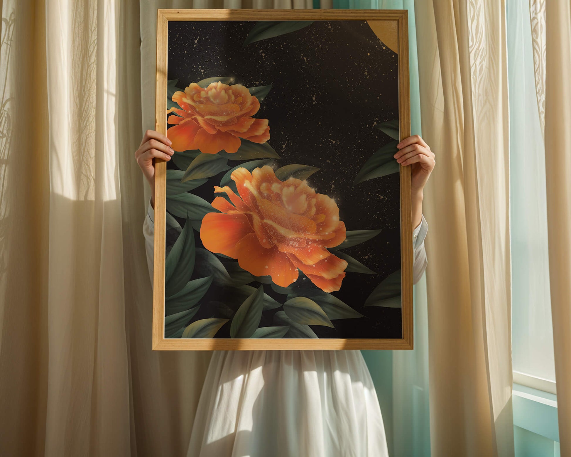 Fantasía floral elegante con flores naranjas vibrantes y un brillo dorado