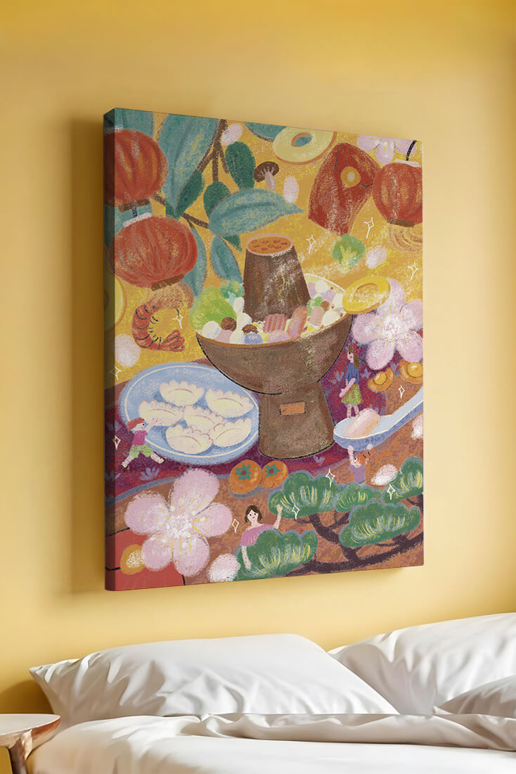 Ilustración del festival de comida asiática colorida con linternas y flores