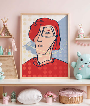 Abstract portrait with red hair and dotted background