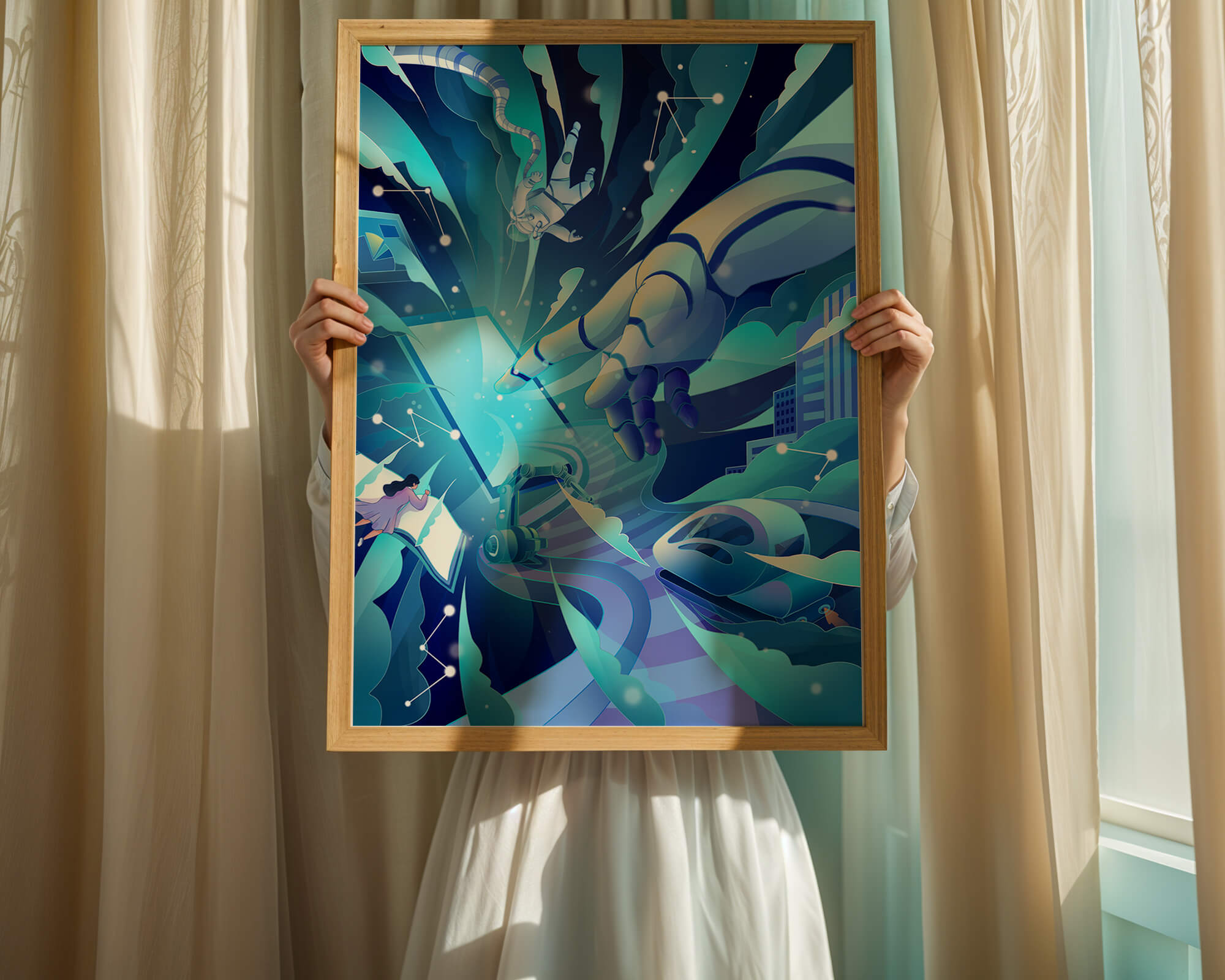 Futuristic digital artwork featuring astronaut and robotic hand in vibrant blue tones