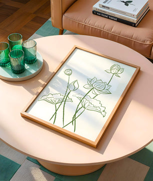 Ilustración de arte de línea verde de flores de loto con capullos