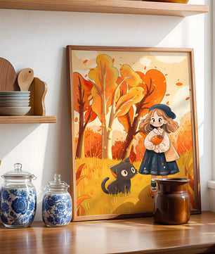 Girl with Cute Cat in Autumn Forest with Colorful Leaves