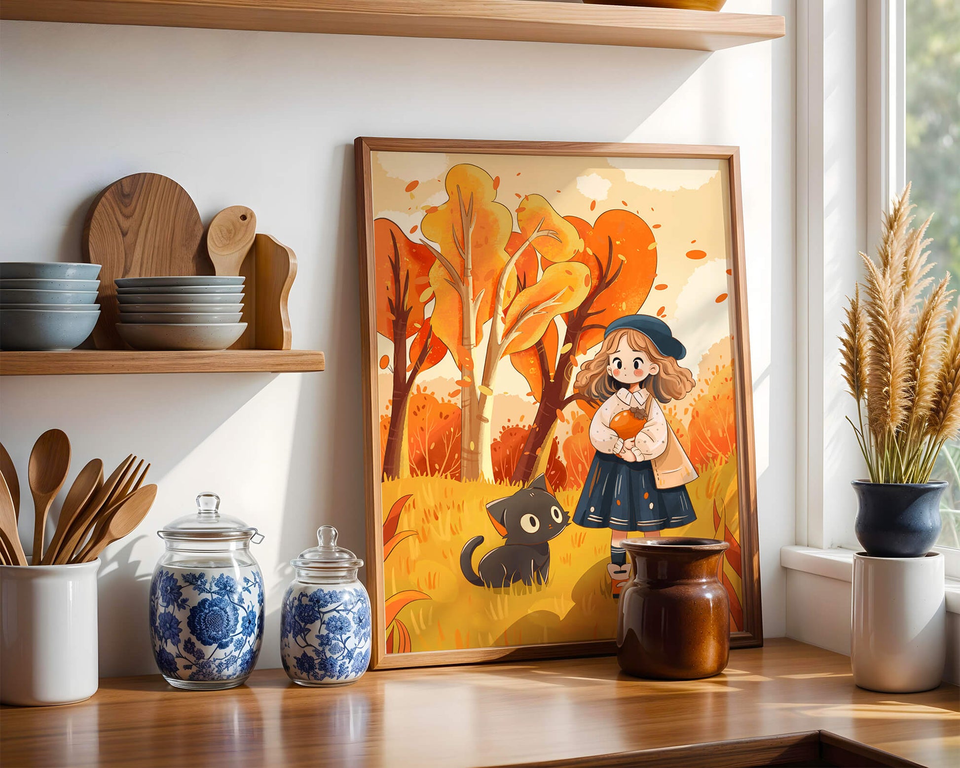 Girl with Cute Cat in Autumn Forest with Colorful Leaves