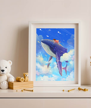 Illustration onirique d'une fille chevauchant une baleine à travers le ciel