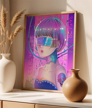 Chica cyberpunk futurista con colores neón y elementos de realidad virtual