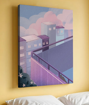 Urban Pastel Scene with Buildings and Pink Clouds