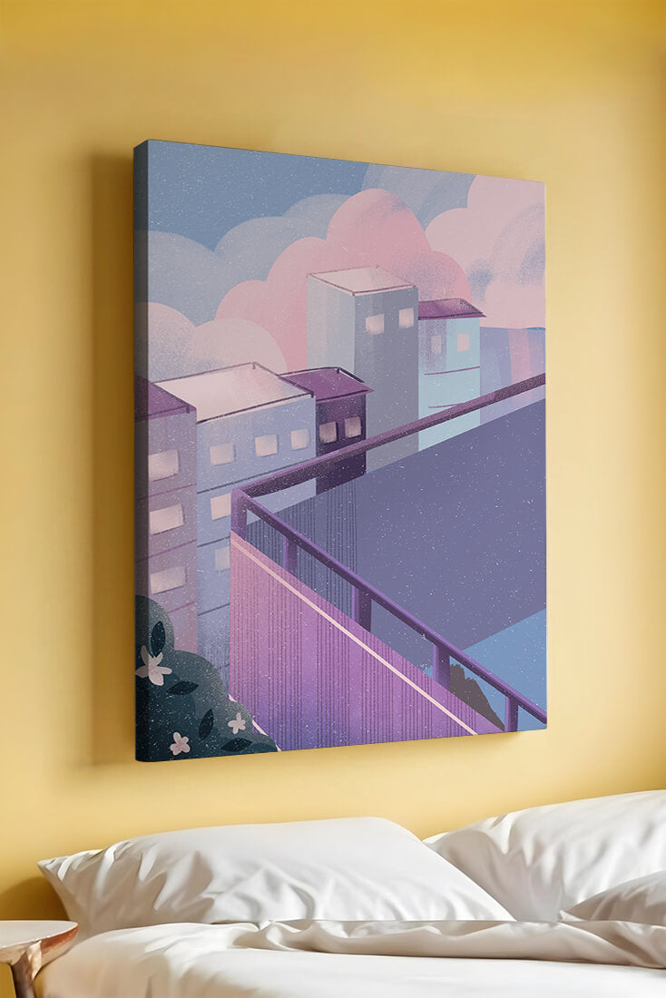 Urban Pastel Scene with Buildings and Pink Clouds