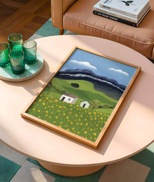 Peaceful Rural Landscape with Houses and Yellow Flowers under Blue Sky