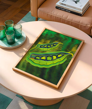 Ilustración abstracta de guisantes verdes coloridos con fondo vibrante