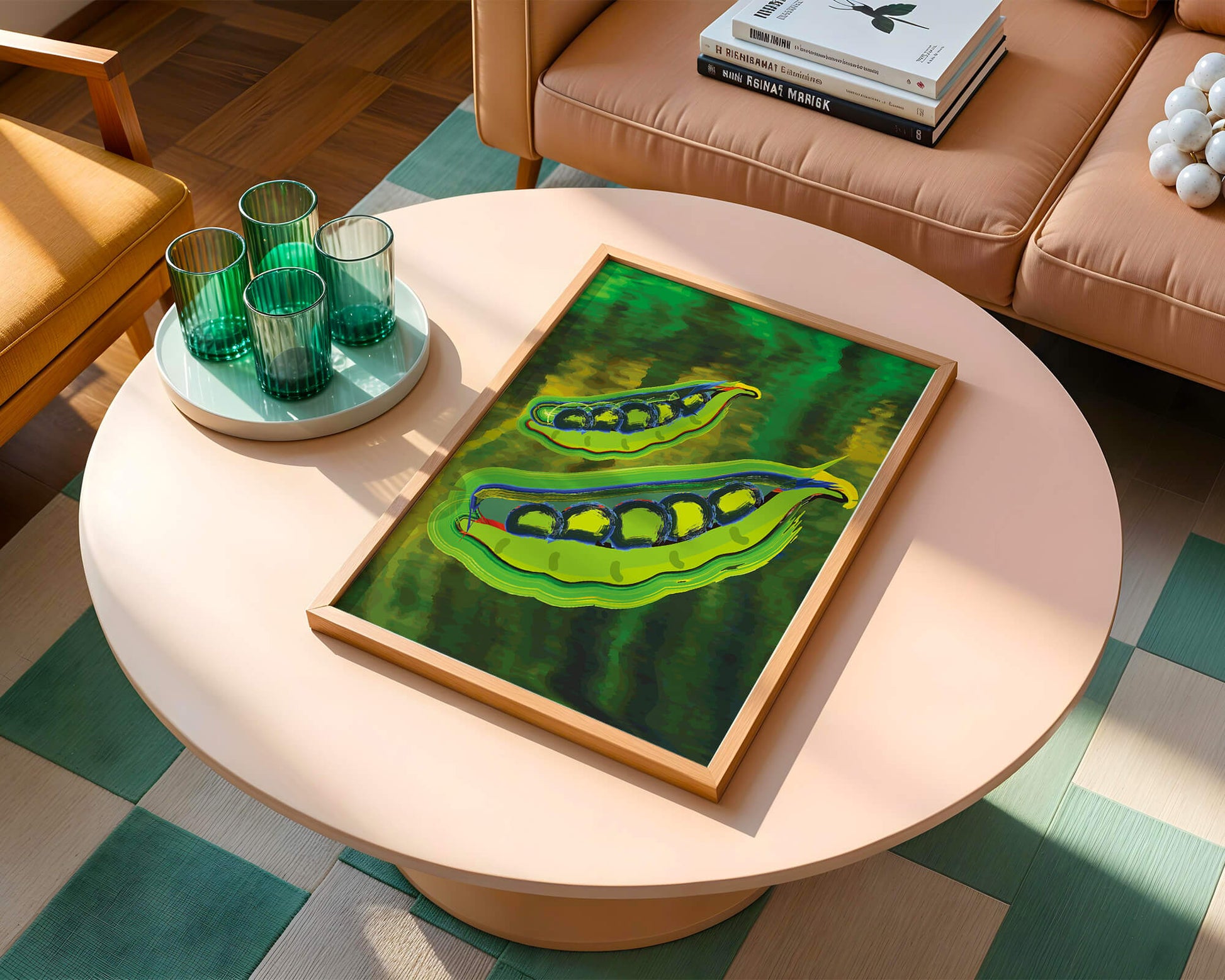 Ilustración abstracta de guisantes verdes coloridos con fondo vibrante