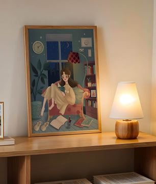 Cozy Nighttime Reading in a Living Room with Moonlit Window
