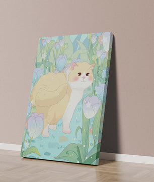 Charmante illustration d’un chat dans un jardin luxuriant de tulipes