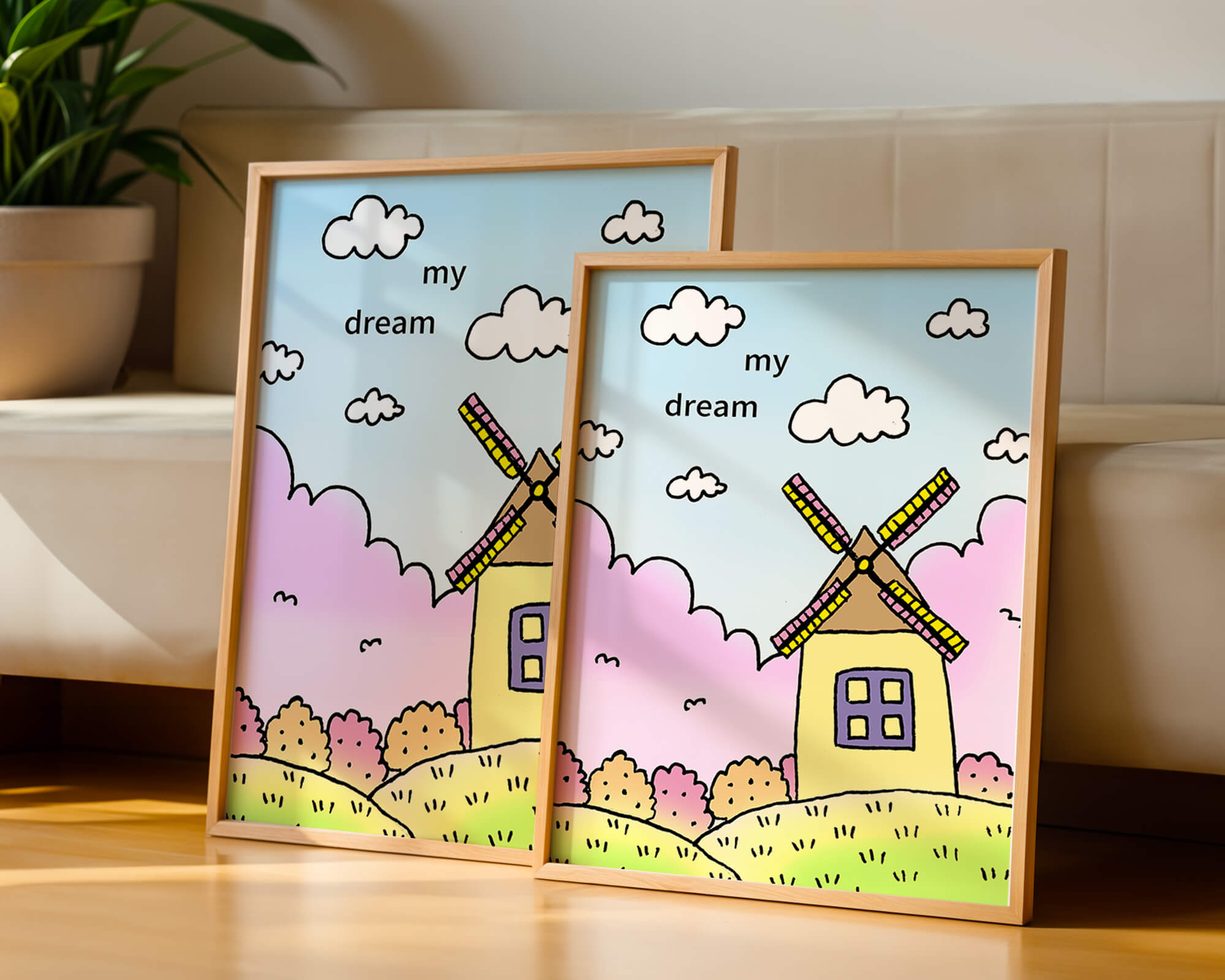 Windmill in a pastel landscape with fluffy clouds and bushes