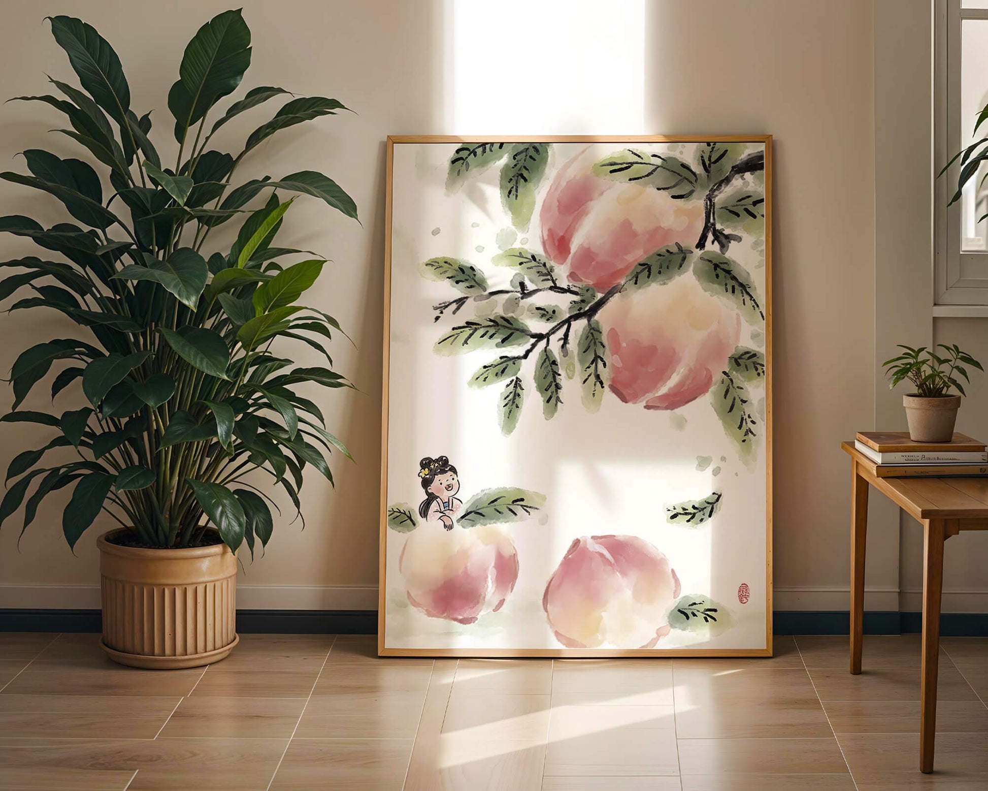 Encantadora ilustración de una chica entre flores de melocotón y hojas verdes