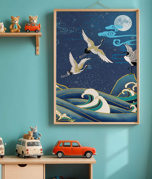 Una escena nocturna serena con grullas y olas al estilo del arte tradicional japonés