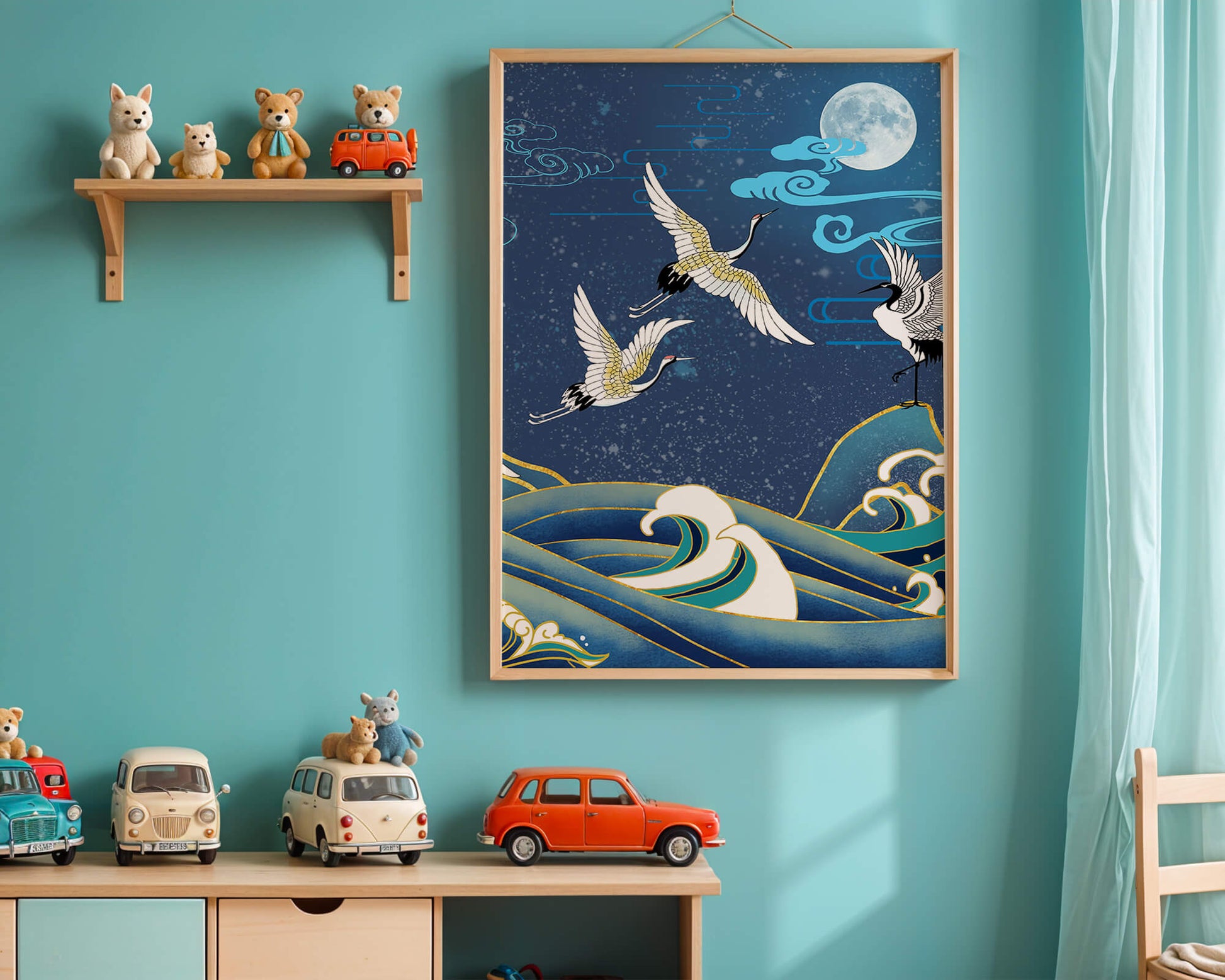 A Serene Night Scene with Cranes and Waves in Traditional Japanese Art Style