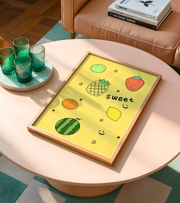 Playful fruit pattern on yellow grid background