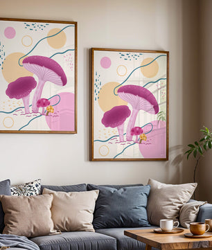 Champignons vibrants sur fond géométrique abstrait 