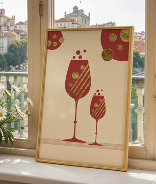 Stylish wine glasses with gold accents and a festive theme