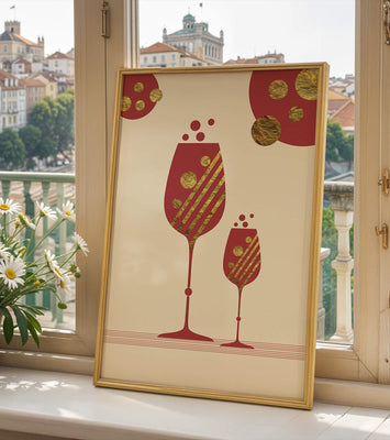 Stylish wine glasses with gold accents and a festive theme