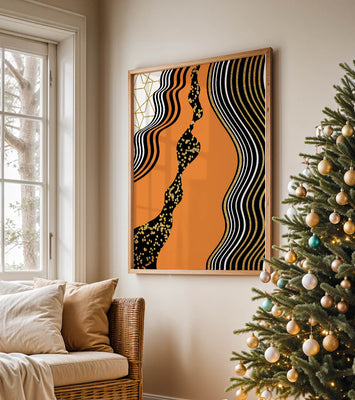 Artistic abstract design with wavy black lines and golden accents