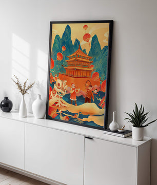 Traditionelles chinesisches Fest mit Laternen und Löwentanz