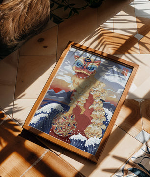 Traditionelle chinesische Löwentanzkunst mit malerischem Hintergrund