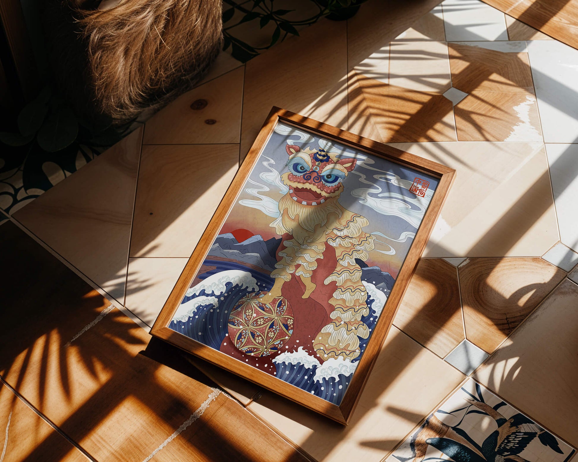 Traditionelle chinesische Löwentanzkunst mit malerischem Hintergrund