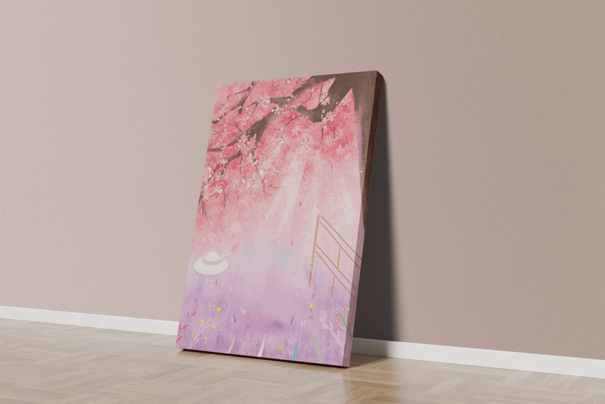 Cherry Blossom Garden with Spring Flowers and Sunlight