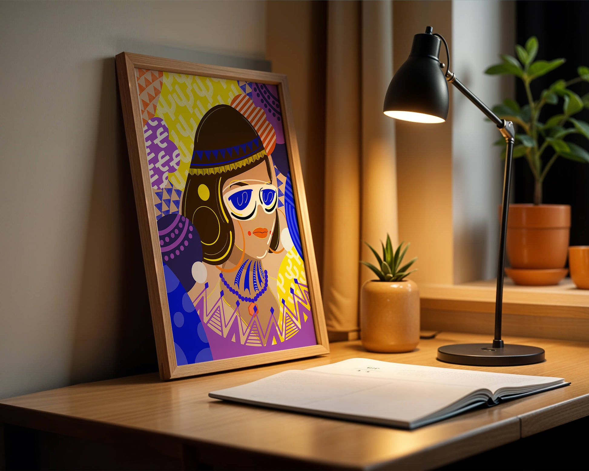 Portrait abstrait coloré avec des motifs géométriques vibrants