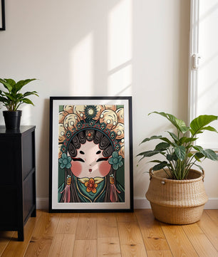Ilustración encantadora de una muñeca china tradicional con tocado floral