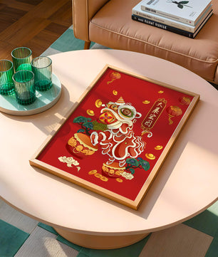 Ilustración de la danza del león china tradicional con elementos festivos