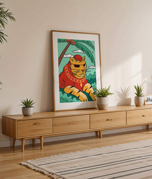 Stylish cartoon tiger lounging under a tropical palm tree with gold accessories