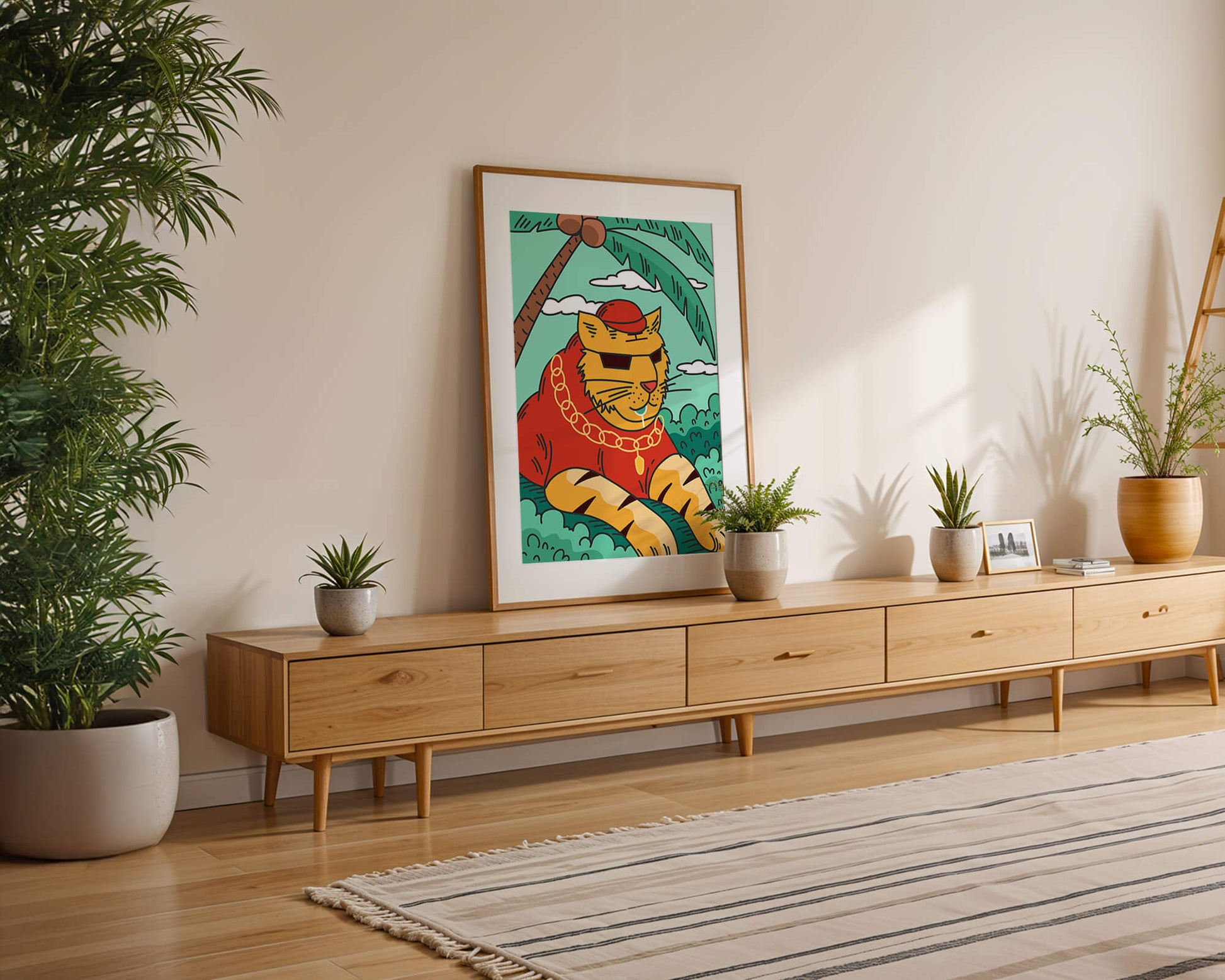 Stylish cartoon tiger lounging under a tropical palm tree with gold accessories