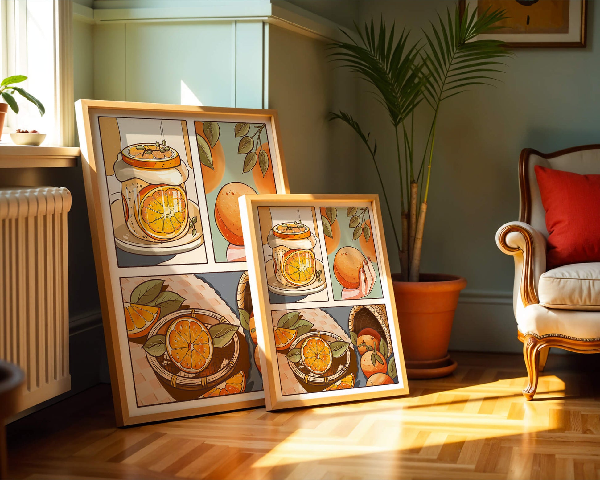 Ilustración colorida de naranjas y conservas con canasta