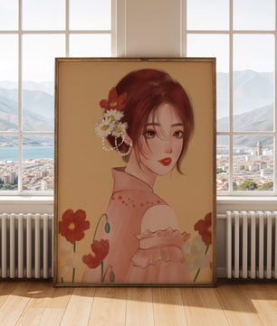Portrait élégant d'une femme avec des ornements floraux et une expression douce