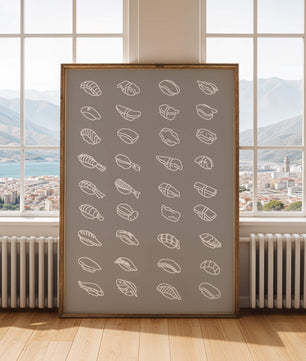 Minimalist sushi sketch illustration with various sushi types