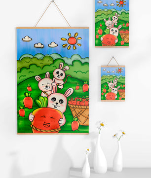 Illustration de lapins espiègles avec des carottes dans un champ ensoleillé