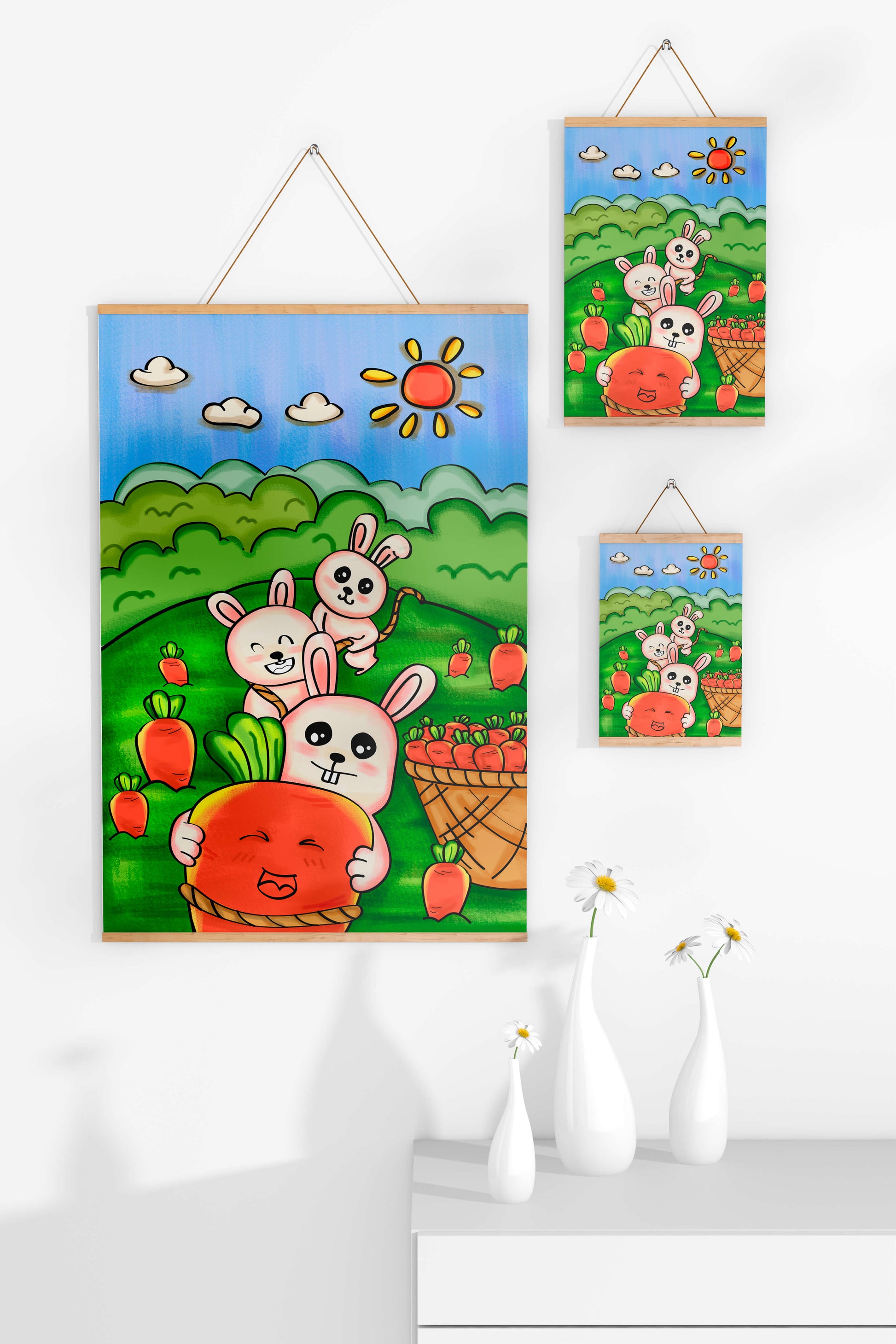 Illustration de lapins espiègles avec des carottes dans un champ ensoleillé