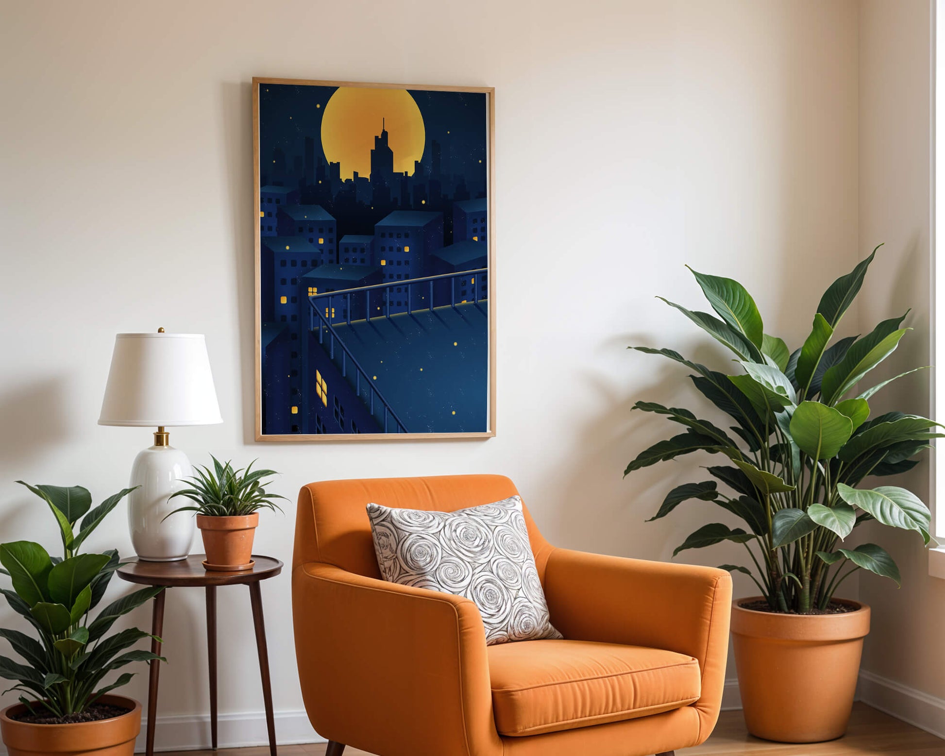 City Rooftop at Night with Illuminated Windows and Full Moon