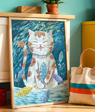 Gato caprichoso con peces coloridos y pinceladas juguetonas