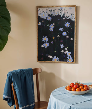 Field Of Blue And White Daisies On A Dark Background