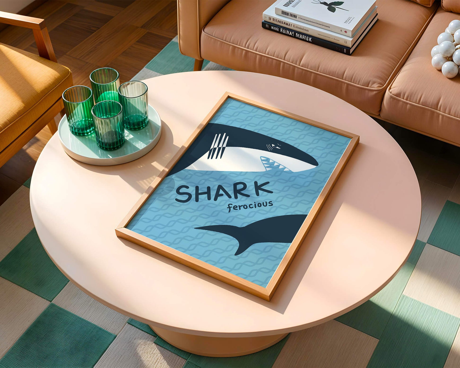 Illustrated shark graphic with blue background and typography