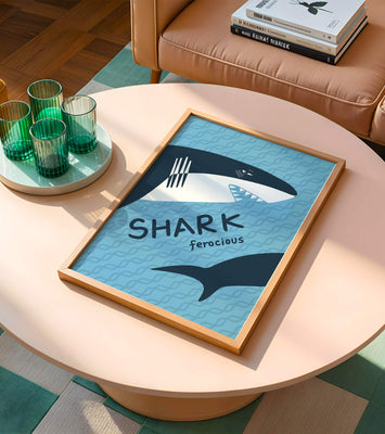 Illustrated shark graphic with blue background and typography