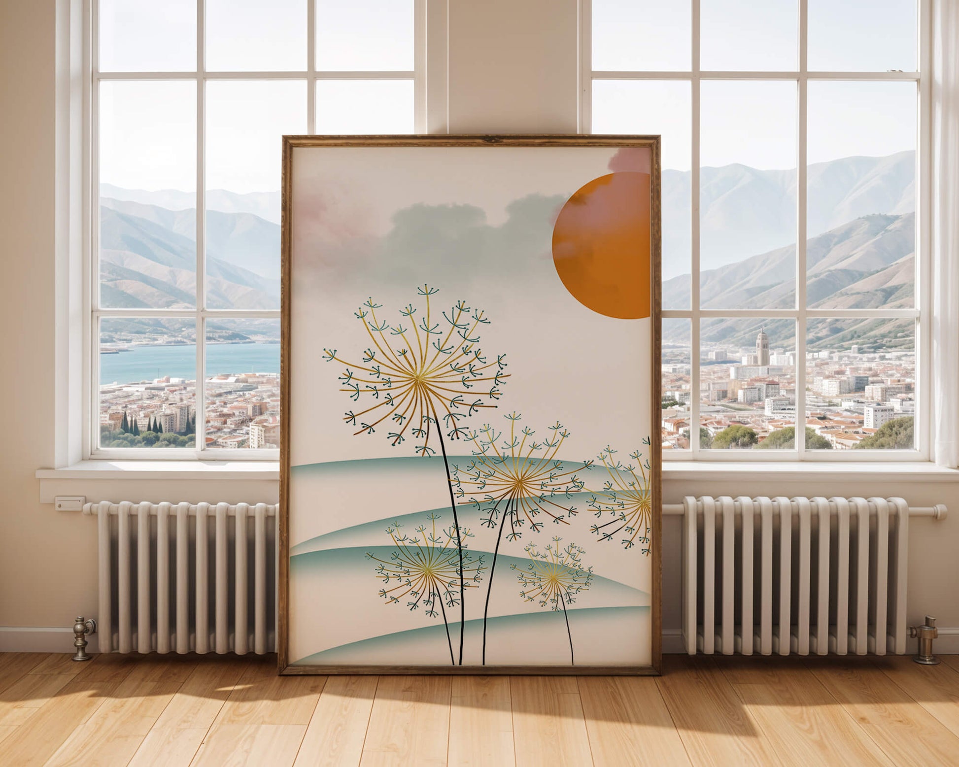 Abstrakte Landschaft mit Löwenzahn und orangefarbener Sonne